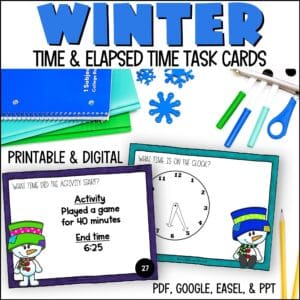 Winter Elapsed Time and Telling Time to the Minute Task Cards