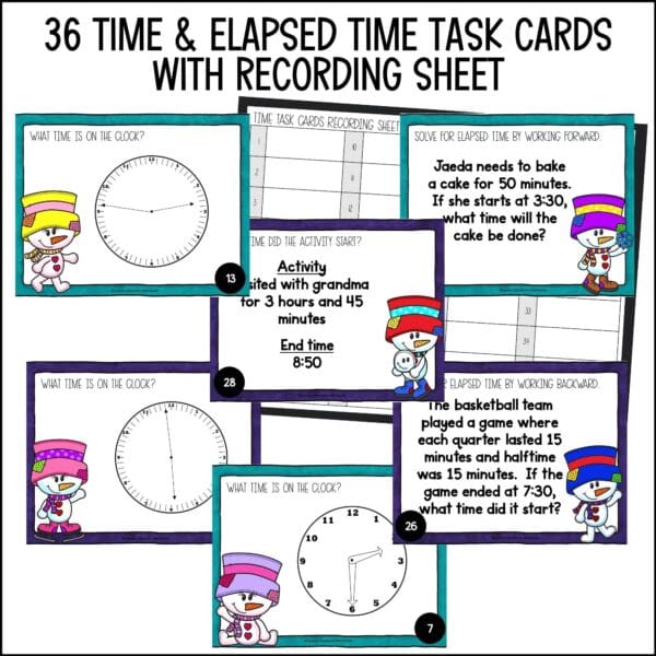 Winter Elapsed Time and Telling Time to the Minute Task Cards