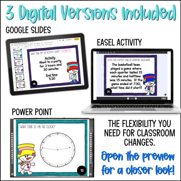 Winter Elapsed Time and Telling Time to the Minute Task Cards