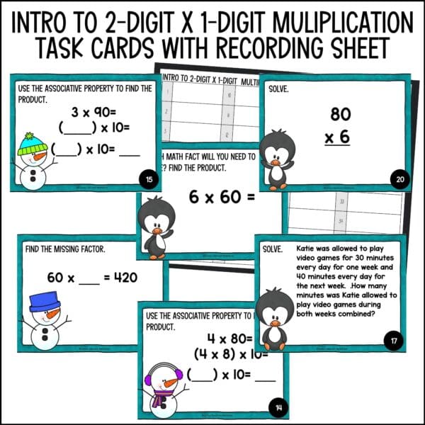 Winter Intro to 2-digit by 1-digit Multiplication task cards