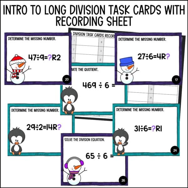 winter intro to long division task cards