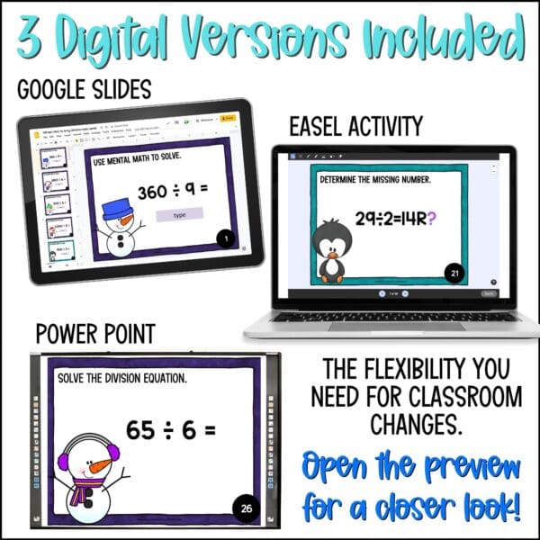 winter intro to long division task cards