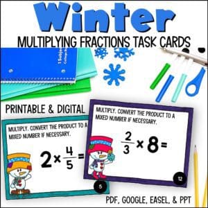 winter multiplying fractions and mixed numbers task cards