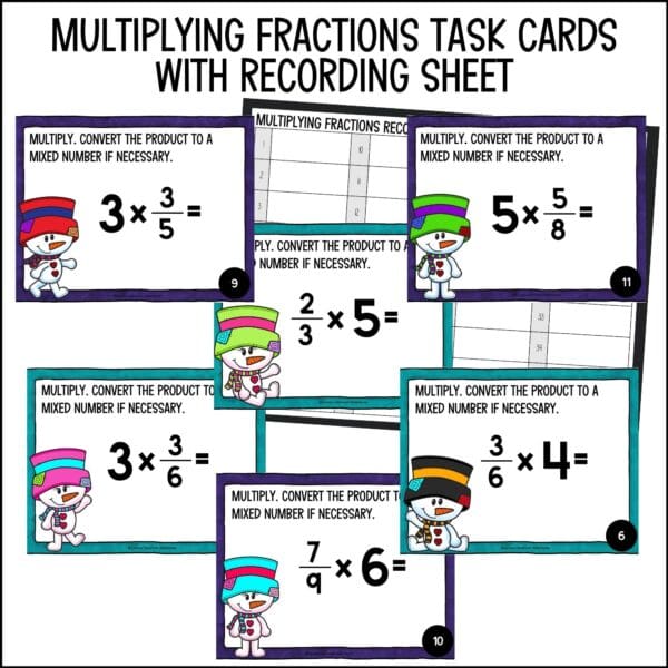 winter multiplying fractions and mixed numbers task cards