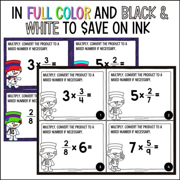 winter multiplying fractions and mixed numbers task cards