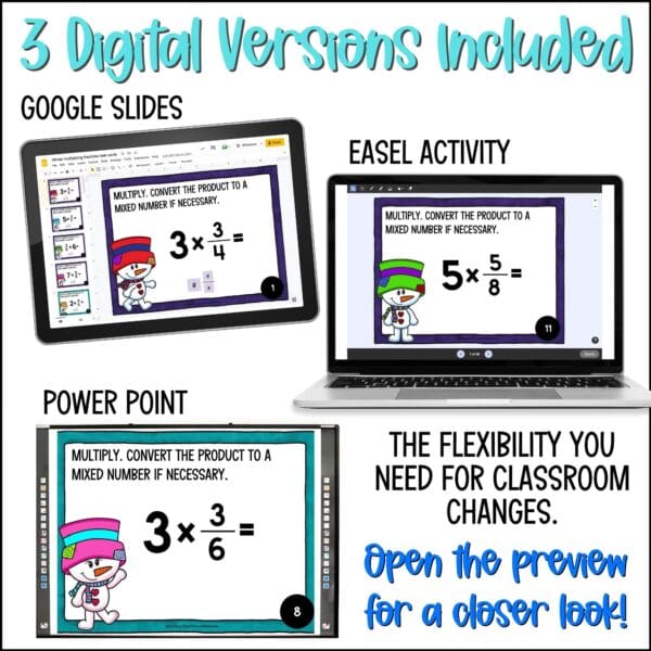 winter multiplying fractions and mixed numbers task cards