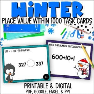 winter place value in numbers within 1000 task cards