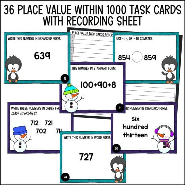 winter place value in numbers within 1000 task cards