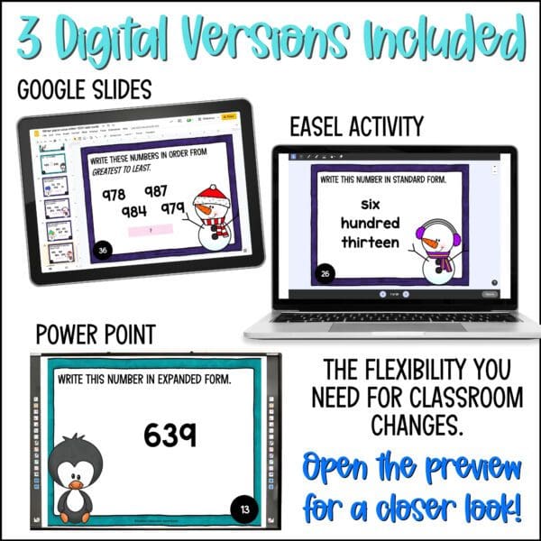 winter place value in numbers within 1000 task cards