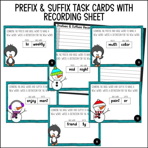 Winter Prefix and Suffix Task Cards