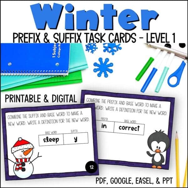 Winter Prefixes and Suffixes task cards