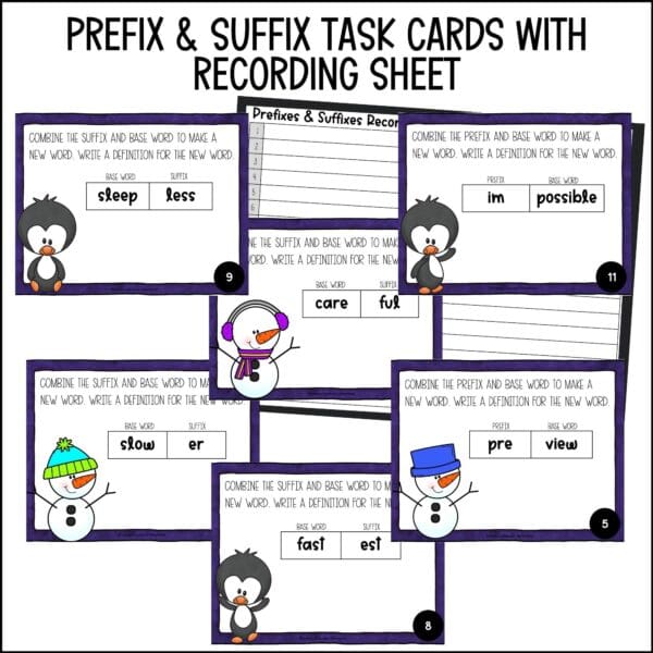 Winter Prefixes and Suffixes task cards