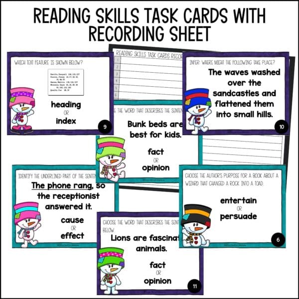 Winter reading skills task cards