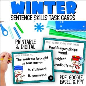 Winter Sentence Types and Sentence Parts Task Cards