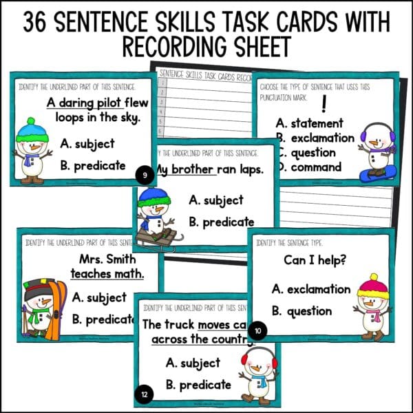 Winter Sentence Types and Sentence Parts Task Cards