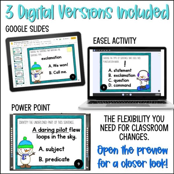 Winter Sentence Types and Sentence Parts Task Cards