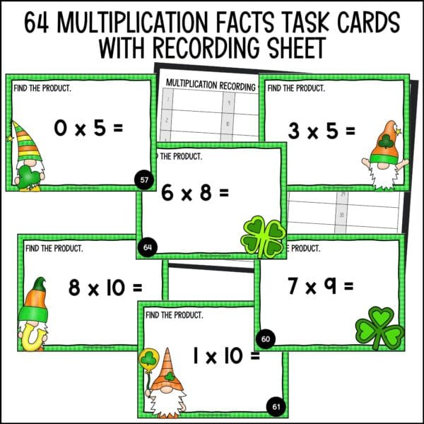 St. Patrick's Day math multiplication facts task cards