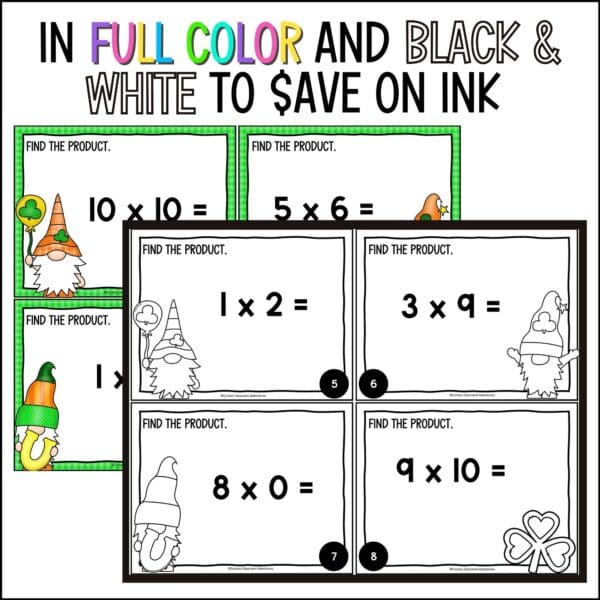 St. Patrick's Day math multiplication facts task cards