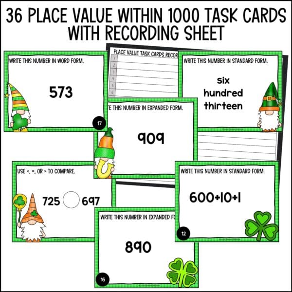 St. Patrick's Day place value task cards numbers within 1000