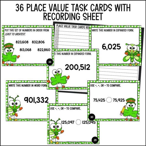 St. Patrick's Day place value task cards thru hundred thousand place