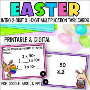 Easter Introducing 2-Digit by 1-Digit Multiplication task cards for spring