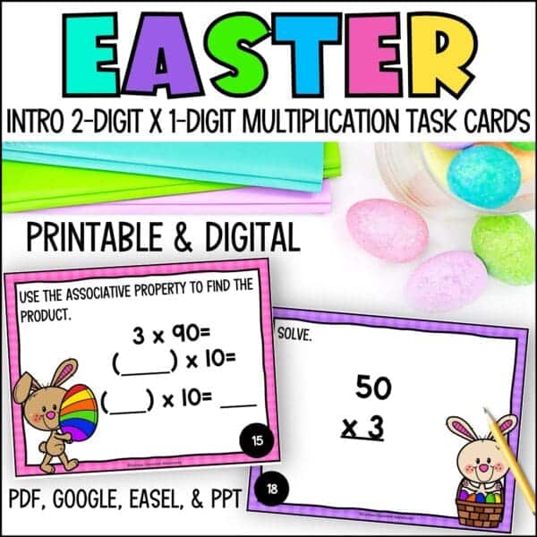 Easter Introducing 2-Digit by 1-Digit Multiplication task cards for spring