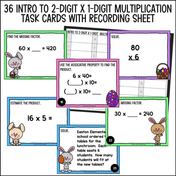 Easter Introducing 2-Digit by 1-Digit Multiplication task cards for spring