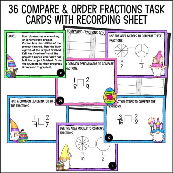 easter Comparing and Ordering Fractions task cards for spring