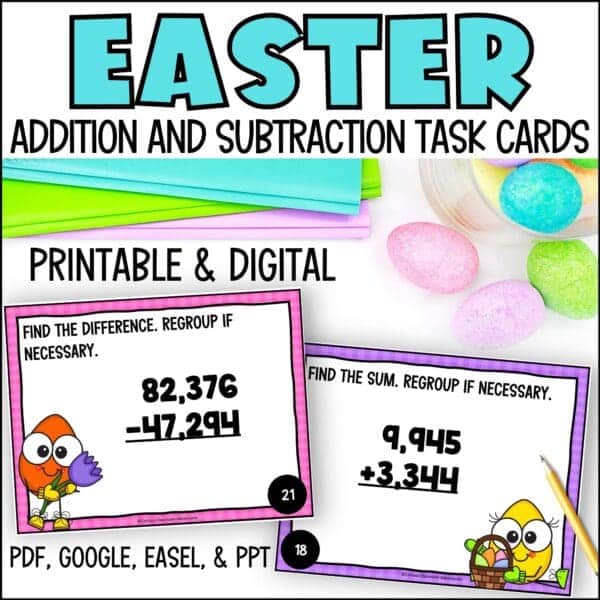 easter addition and subtraction task cards for spring