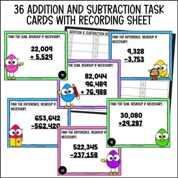 easter addition and subtraction task cards for spring