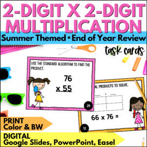 end of year 2-digit by 2-digit multiplication task cards summer activities - summer 2-digit by 2-digit multiplication task cards