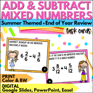 end of year adding and subtracting mixed numbers task cards summer activities