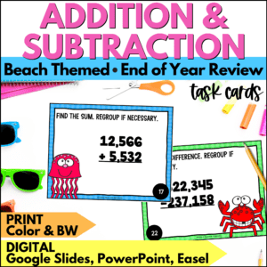 end of year addition and subtraction task cards