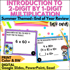 end of year intro to 2-digit by 1-digit multiplication task cards for summer