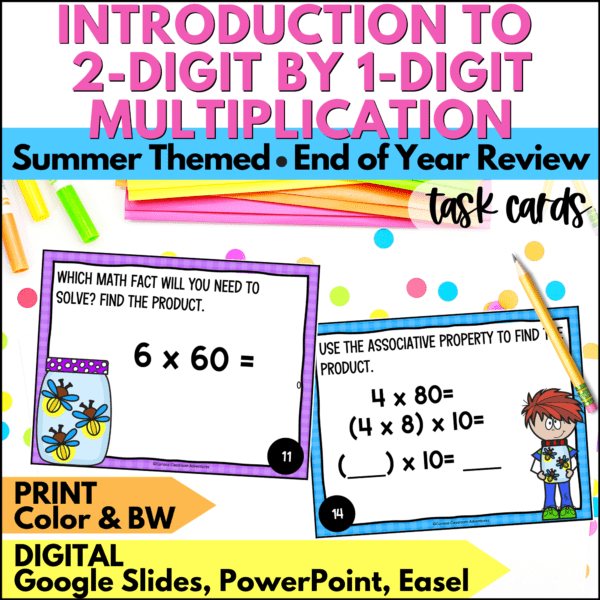 end of year intro to 2-digit by 1-digit multiplication task cards for summer