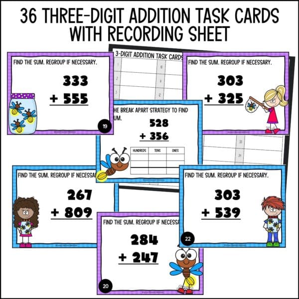 end of year 3-digit addition task cards summer activities