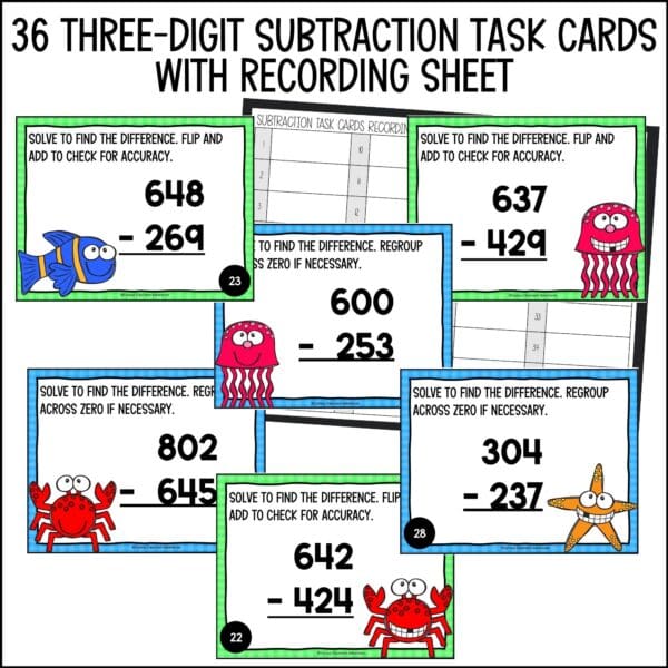 end of year 3-digit subtraction task cards summer activities