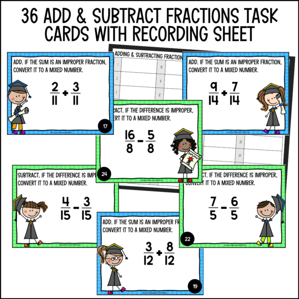 end of year add and subtract fractions task cards for summer