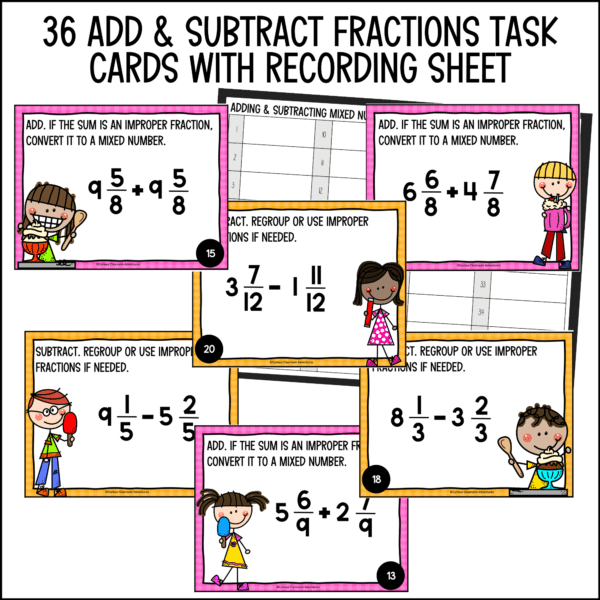 end of year adding and subtracting mixed numbers task cards summer activities