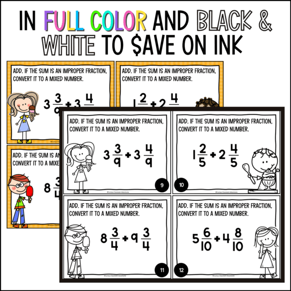 end of year adding and subtracting mixed numbers task cards summer activities