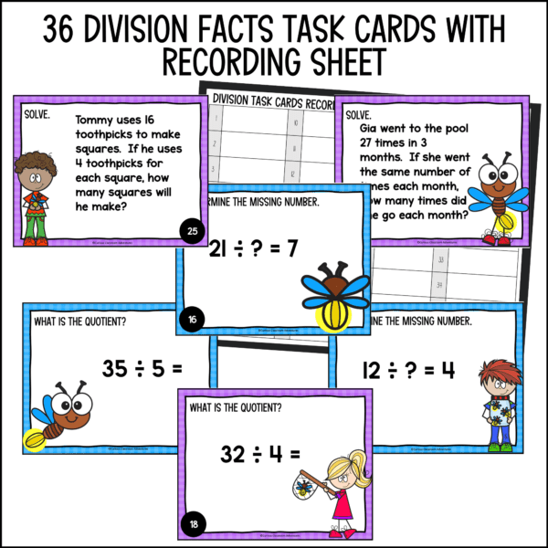 end of year division facts task cards summer activities