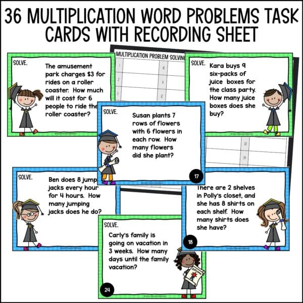 end of year multiplication word problems task cards summer activities