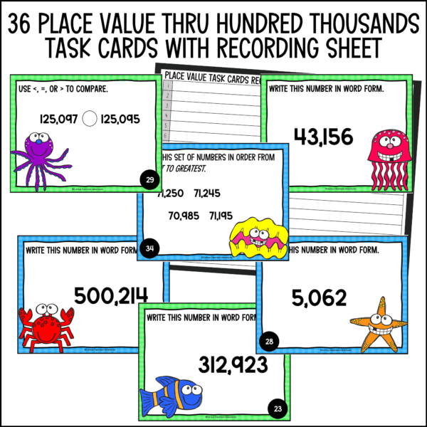 end of year place value through hundred thousands place task cards for summer