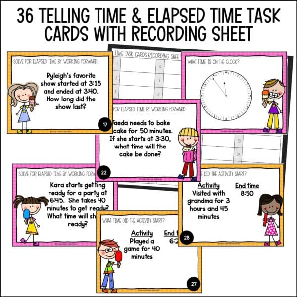 end of year telling time and elapsed time task cards summer activities