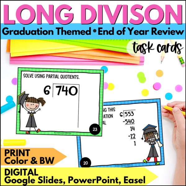 end of year long division task cards summer activities