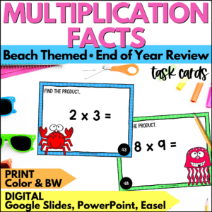 end of year multiplication facts task cards for summer
