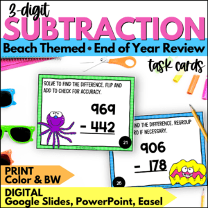 end of year 3-digit subtraction task cards summer activities